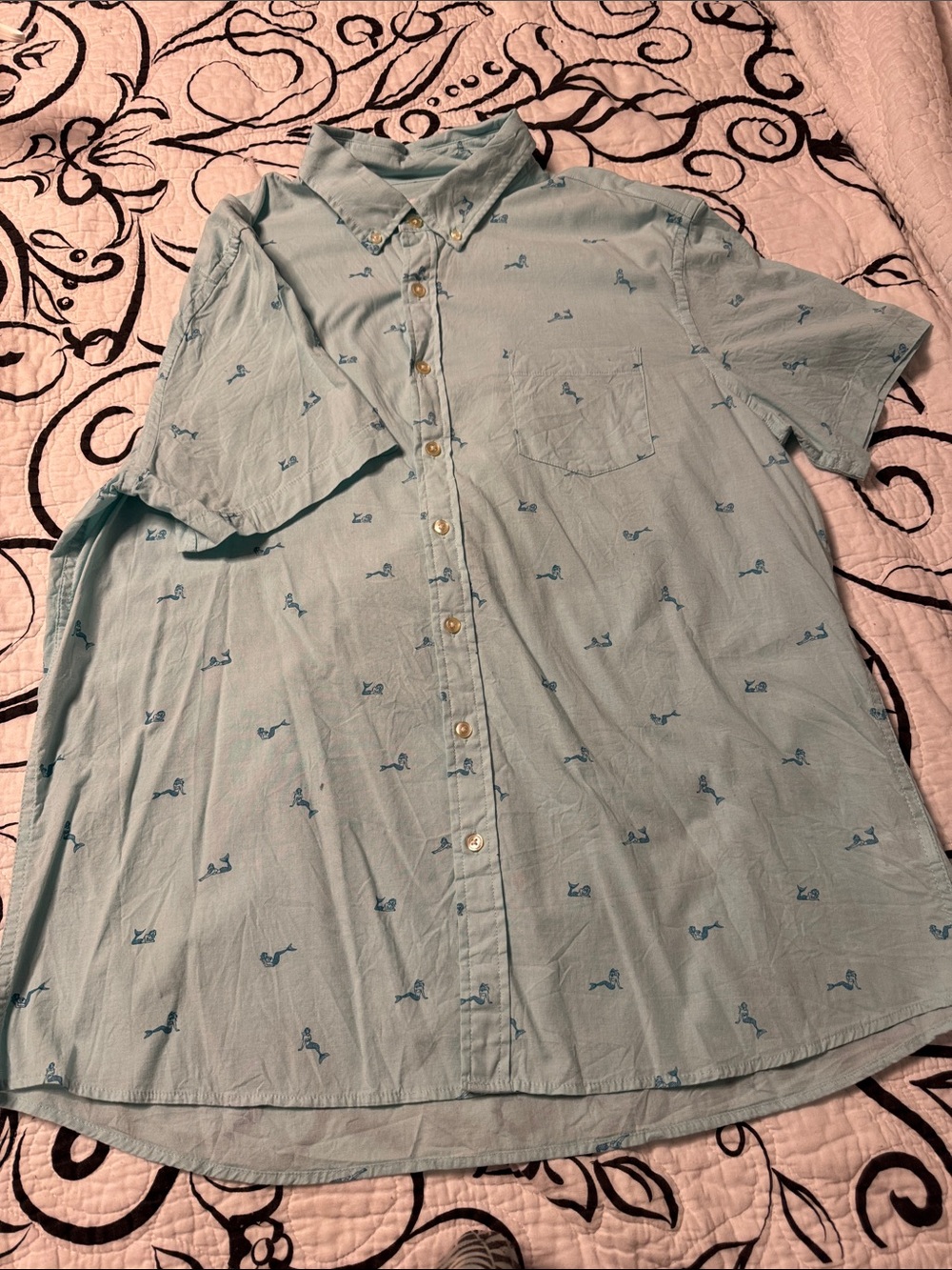 Sonoma Light Blue Short-Sleeve Button-Down with Navy Print
